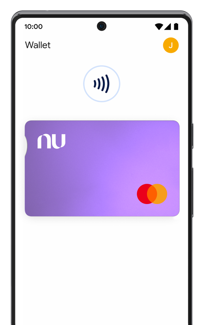 Un celular muestra la app Nu con la tarjeta morada dentro de Google Pay