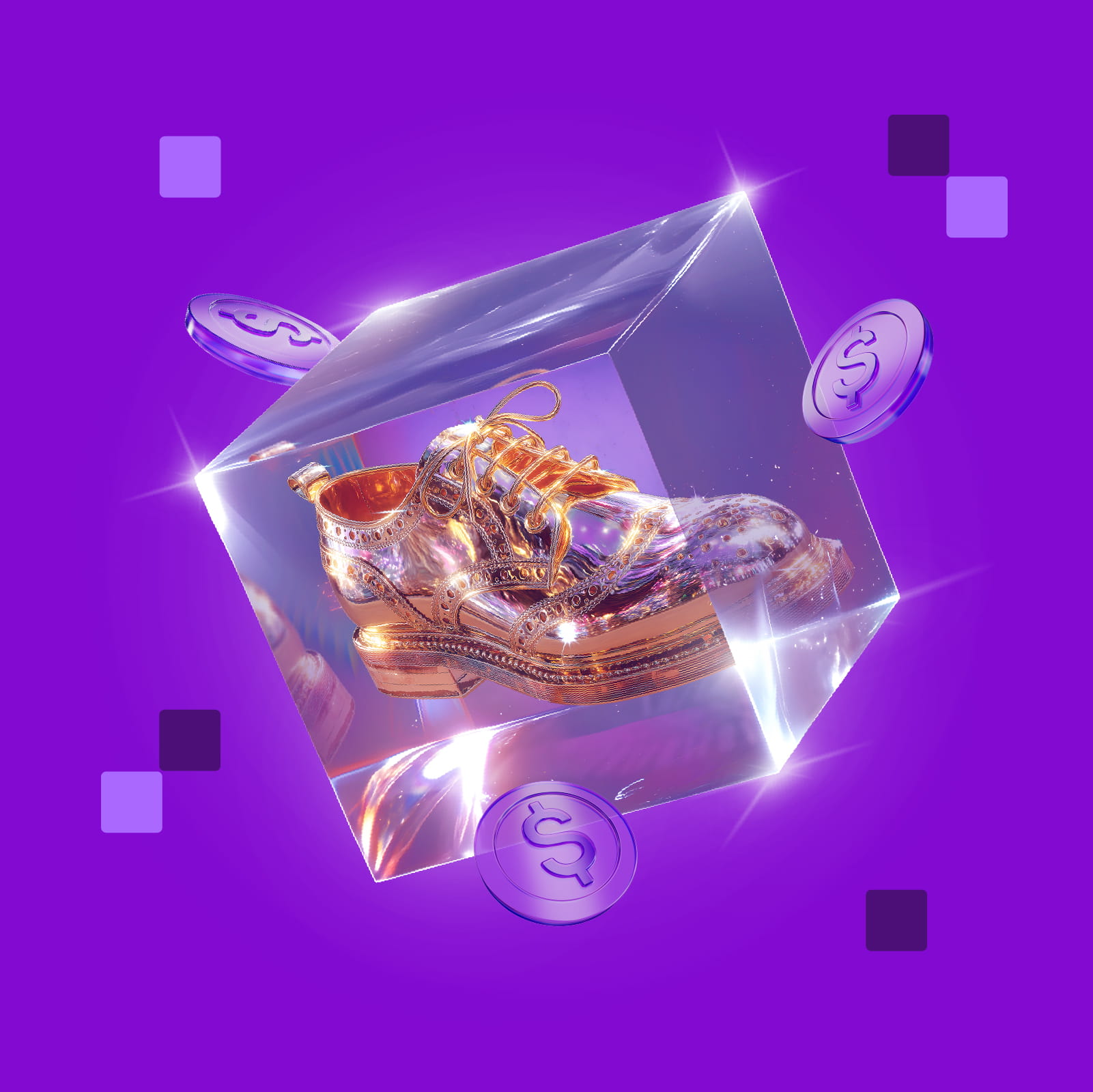 Un zapato dorado dentro de un cubo transparente rodeado por monedas sobre un fondo morado, representando la campaña 'La Patadita de Oro'.